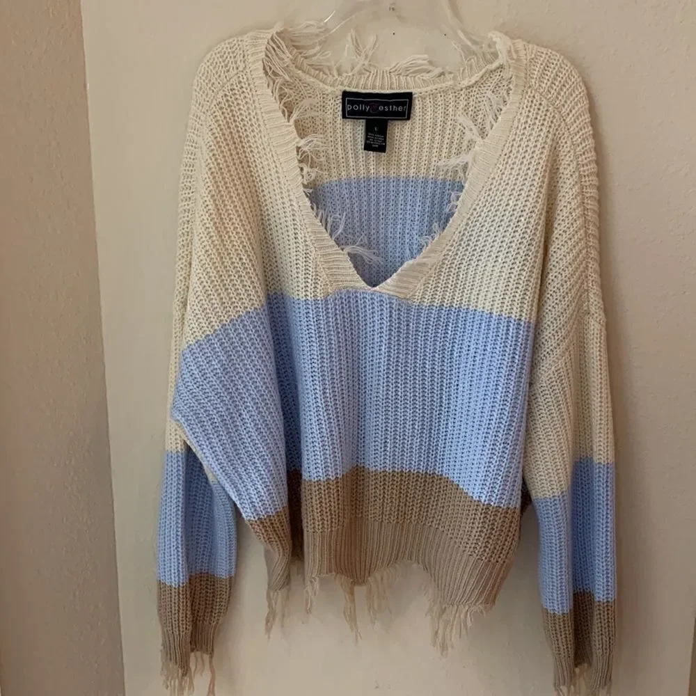 Sweater Blue & cream Striped Oversized size large Drop Shoulder Polly & Esther‎